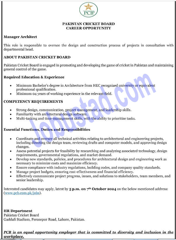 Pakistan Cricket Board PCB New Jobs September 2024 For Manager Architect