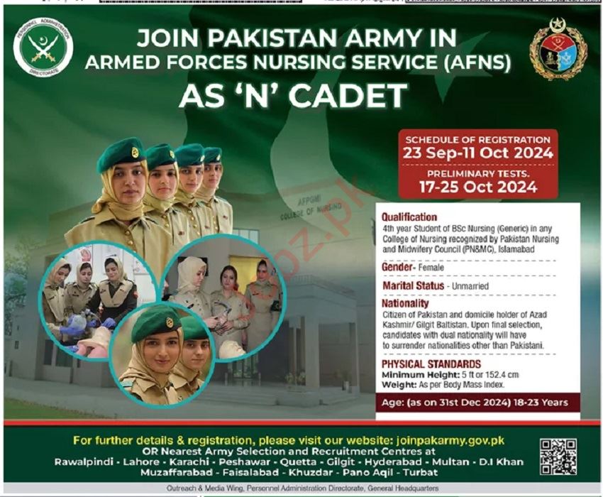 Join Pakistan Army As Female Nurse AFNS September 2024