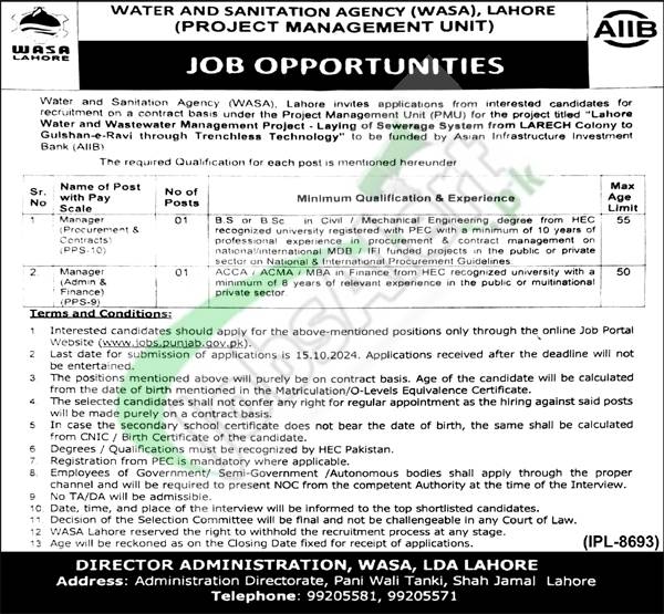 WASA New Jobs 2024 in Lahore for Managers and Others