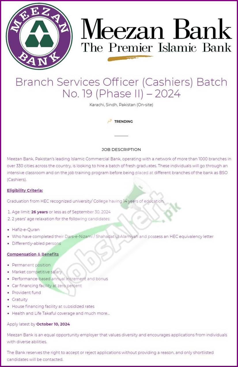 Meezan Bank Cashier BSO Jobs October 2024 Batch 19